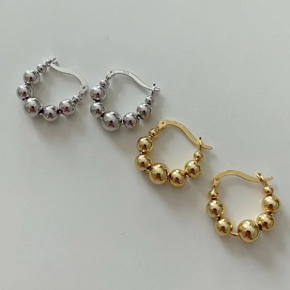 #NEW 925 Sterling Silver Bead Round Hoop Earrings - Picture 1 of 7